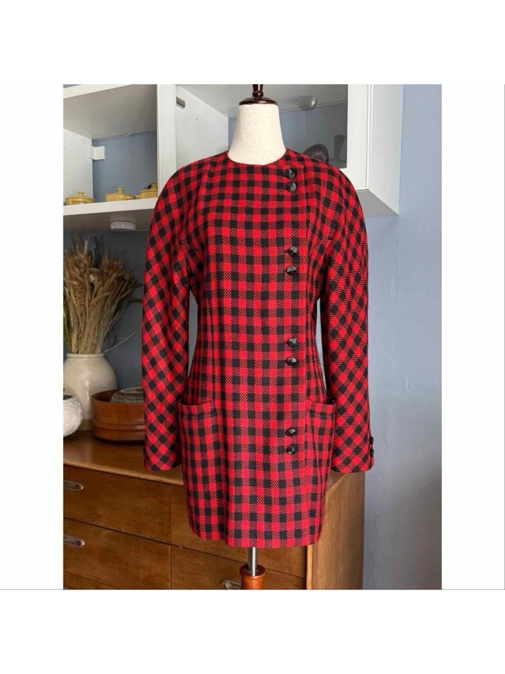 Vtg 80’s Louis Feraud Red Black Checkered Blazer Dress Wool Silk Cashmere